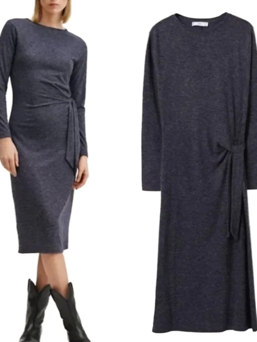 Mango Charcoal Gray Long-Sleeve Wrap Midi Dress